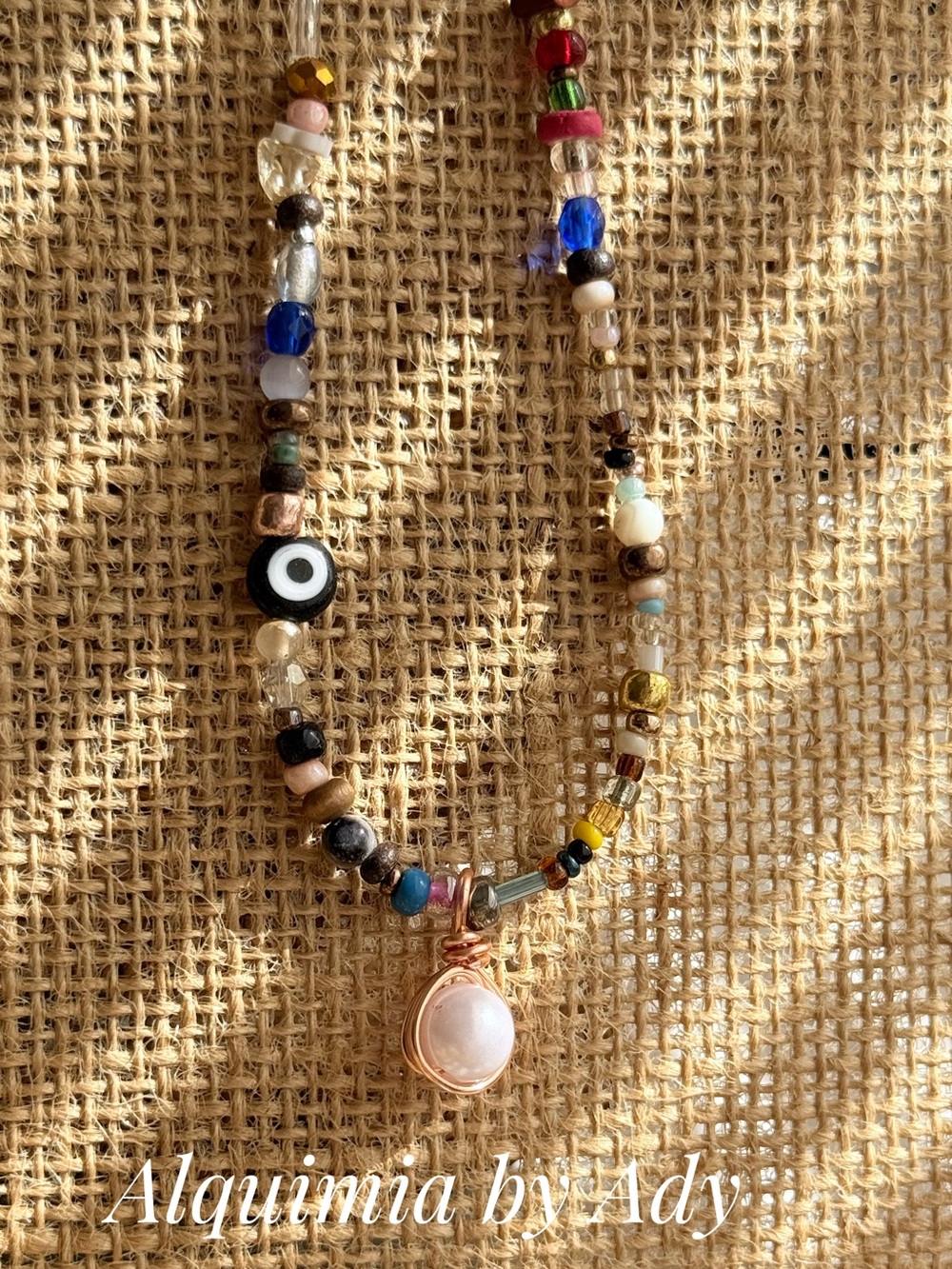 Alquimia Multicolor Seed Bead Necklace with Pink Rose Quartz Pendant